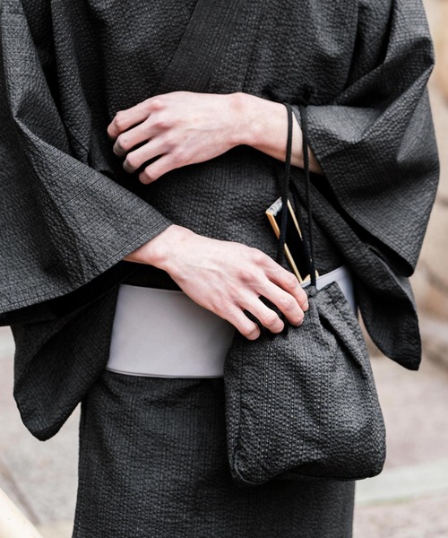 しじら織り帯付き浴衣 扇子 下駄 巾着 5点セット 無地/ストライプ