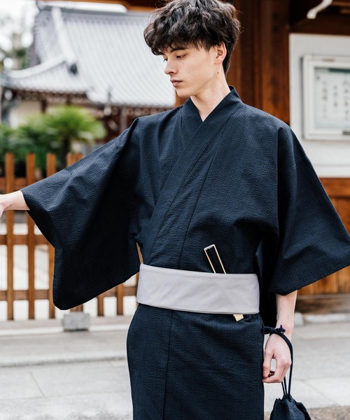 セール】しじら織り帯付き浴衣 扇子 下駄 巾着 5点セット 無地