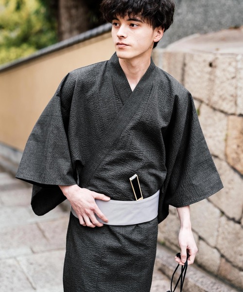 セール】しじら織り帯付き浴衣 扇子 下駄 巾着 5点セット 無地