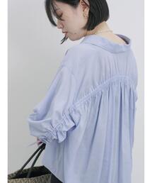 Samansa Mos2 blue | ショート丈シャーリングブラウス(シャツ/ブラウス)