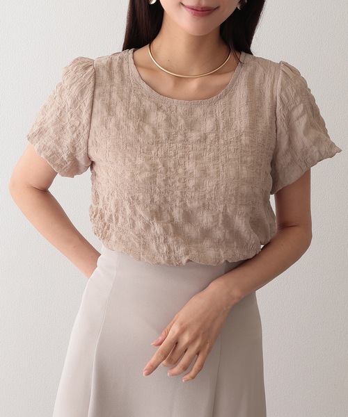 Lace Ladies(レースレディース)の「クルーネック ジャガード バルーンスリーブ 半袖 トップス(Tシャツ/カットソー・レディース・ベージュ/アイボリー/ブラック/ホワイト・S/FREE)」の4枚目の写真