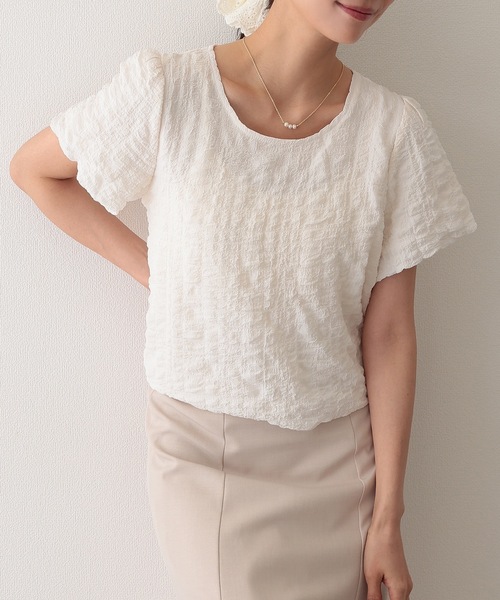 Lace Ladies(レースレディース)の「クルーネック ジャガード バルーンスリーブ 半袖 トップス(Tシャツ/カットソー・レディース・ベージュ/アイボリー/ブラック/ホワイト・S/FREE)」の5枚目の写真