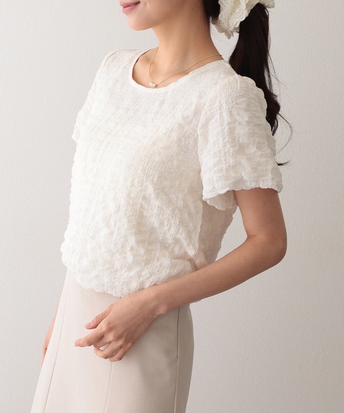 Lace Ladies(レースレディース)の「クルーネック ジャガード バルーンスリーブ 半袖 トップス(Tシャツ/カットソー・レディース・ベージュ/アイボリー/ブラック/ホワイト・S/FREE)」の6枚目の写真
