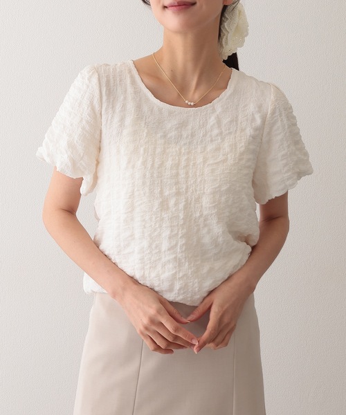 Lace Ladies(レースレディース)の「クルーネック ジャガード バルーンスリーブ 半袖 トップス(Tシャツ/カットソー・レディース・ベージュ/アイボリー/ブラック/ホワイト・S/FREE)」の9枚目の写真