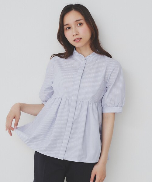 セール】《5色展開》フリルバンドカラーペプラムブラウス【洗濯機洗い