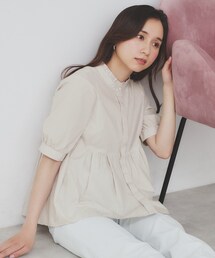 《5色展開》フリルバンドカラーペプラムブラウス【洗濯機洗い可/イージーアイロン/防シワ】