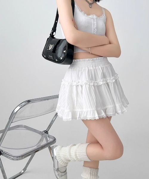 Sibra(シブラ)の「レース付き伸縮インナーパンツで安心&快適◎ふんわりティアードフリルミニスカート(スカート・レディース・ブラック/ホワイト・M)」の10枚目の写真