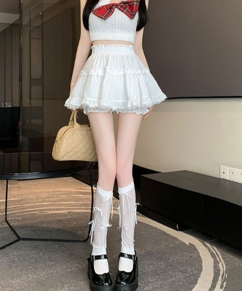 Sibra(シブラ)の「レース付き伸縮インナーパンツで安心&快適◎ふんわりティアードフリルミニスカート(スカート・レディース・ブラック/ホワイト・M)」の17枚目の写真