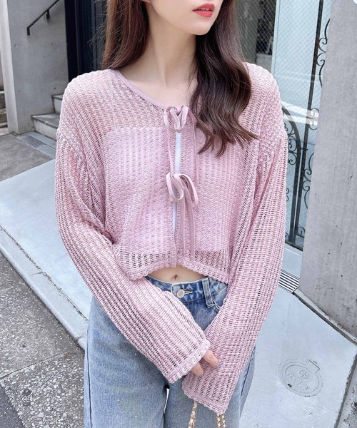 INGNI(イング)の「フロントリボンメッシュカットカーディガン(カーディガン/ボレロ・レディース・ピンク/アイボリー/ブラック/オフホワイト・M)」の1枚目の写真