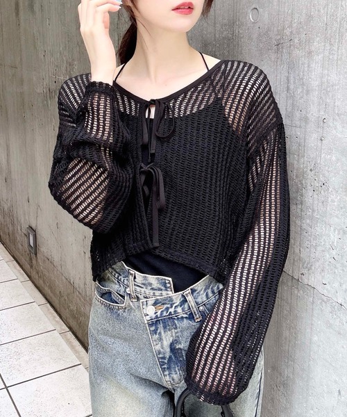 INGNI(イング)の「フロントリボンメッシュカットカーディガン(カーディガン/ボレロ・レディース・ピンク/アイボリー/ブラック/オフホワイト・M)」の4枚目の写真