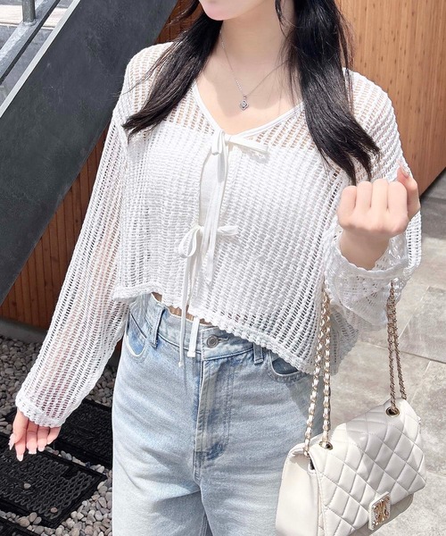 INGNI(イング)の「フロントリボンメッシュカットカーディガン(カーディガン/ボレロ・レディース・ピンク/アイボリー/ブラック/オフホワイト・M)」の5枚目の写真