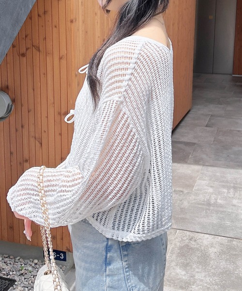 INGNI(イング)の「フロントリボンメッシュカットカーディガン(カーディガン/ボレロ・レディース・ピンク/アイボリー/ブラック/オフホワイト・M)」の6枚目の写真