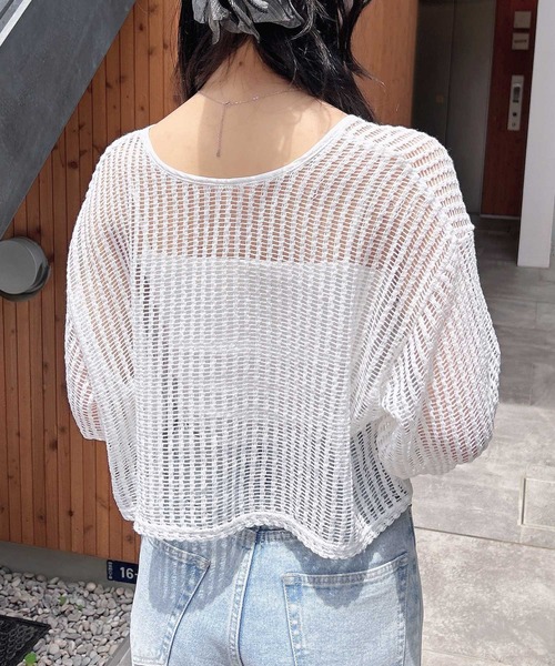 INGNI(イング)の「フロントリボンメッシュカットカーディガン(カーディガン/ボレロ・レディース・ピンク/アイボリー/ブラック/オフホワイト・M)」の7枚目の写真