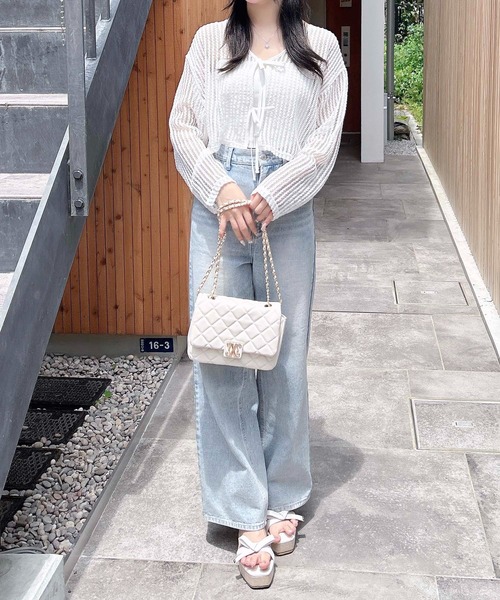 INGNI(イング)の「フロントリボンメッシュカットカーディガン(カーディガン/ボレロ・レディース・ピンク/アイボリー/ブラック/オフホワイト・M)」の9枚目の写真