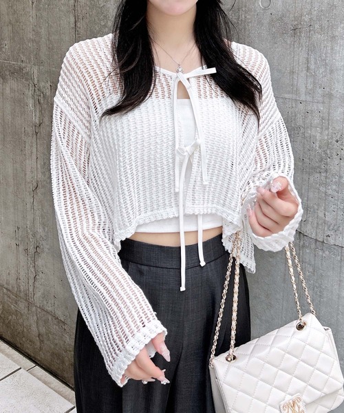 INGNI(イング)の「フロントリボンメッシュカットカーディガン(カーディガン/ボレロ・レディース・ピンク/アイボリー/ブラック/オフホワイト・M)」の10枚目の写真