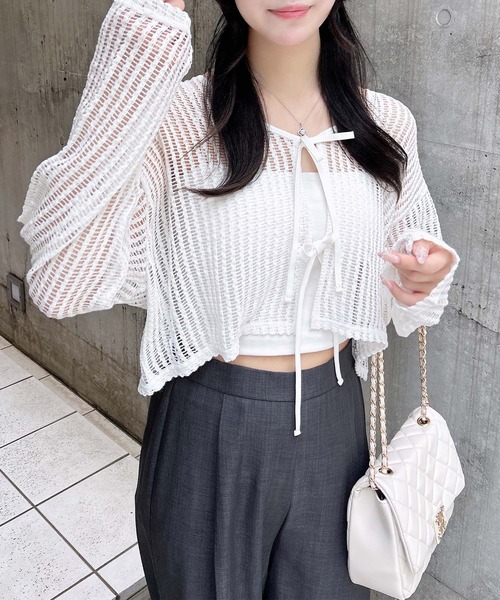 INGNI(イング)の「フロントリボンメッシュカットカーディガン(カーディガン/ボレロ・レディース・ピンク/アイボリー/ブラック/オフホワイト・M)」の11枚目の写真