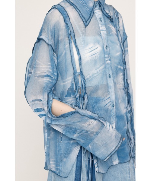 ブラウス シャツ CUTOUT SHEER RIBBON SH シアー デニム プリント シャツ レディース SLY ブラウス シャツ CUTOUT SHEER RIBBON SH シアー デニム