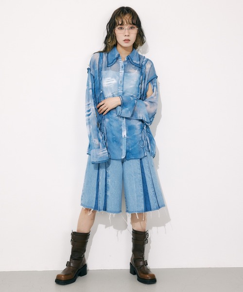 ブラウス シャツ CUTOUT SHEER RIBBON SH シアー デニム プリント シャツ レディース セール】CUTOUT SHEER RIBBON SH シアー デニム プリント シャツ