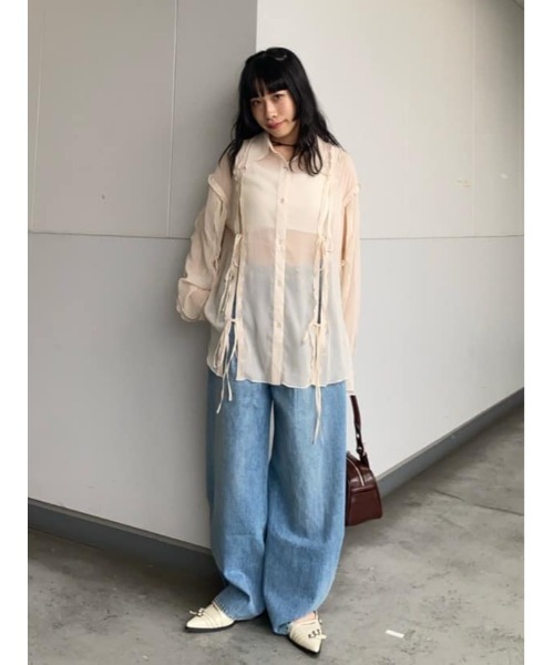ブラウス シャツ CUTOUT SHEER RIBBON SH シアー デニム プリント シャツ レディース セール】CUTOUT SHEER RIBBON SH シアー デニム プリント シャツ