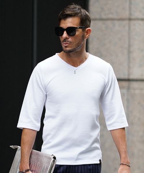 SOMEDIFF(サムディフ)の「【SOMEDIFF】7分袖プレミアムカットソー メンズ Tシャツ 七分丈 タイト 春服(Tシャツ/カットソー・メンズ・ブラック系1/ホワイト/ホワイト系1/ブラック/アッシュグレー/グレー系1/ネイビー系1/ネイビー・XXL/L/M/XL)」の3枚目の写真