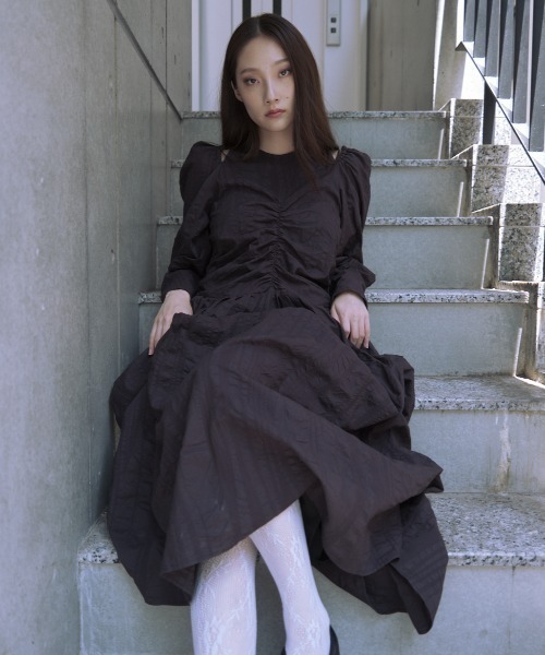 shoulder cut off gather long one-piece（ワンピース）｜HONEY MI