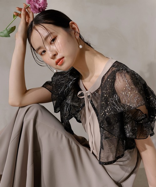 フリルスリーブ マキシドレス 花柄 黒 ダブルフリルスリーブ フラワー フェザー 刺繍 ドレス