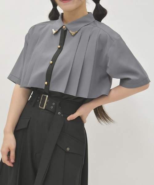 【ネヲン】axes femme ジャケット+ブラウス 金具使バイカラーブラウス（シャツ/ブラウス）｜axes femme
