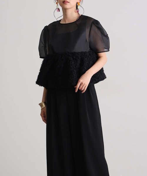 atlo(アトロ)の「セットアップ パンツドレス 結婚式 二次会&ワイドパンツ ペプラム 2点セット オーガンジー セレモニー フォーマル ロング丈 オケージョンドレス お呼ばれ 同窓会 成人式 (パンツドレス・レディース・グレー/ベージュ系その他/ブラック系その他/ブラック・M/L/S)」の5枚目の写真