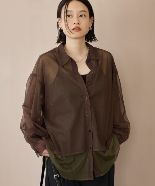 AMERI シアーシャツ 茶 セール】シアーレイヤード配色シャツ（シャツ/ブラウス）｜AMERICAN