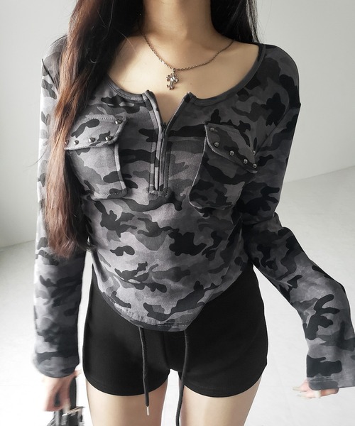 me+em select(ミームセレクト)の「【 2color 】ヴィンテージカモフラアウトポケットジップロンT / vintage camouflage out pocket zip longsleeve T-shirt(Tシャツ/カットソー・レディース・グレー/カーキ・FREE)」の5枚目の写真