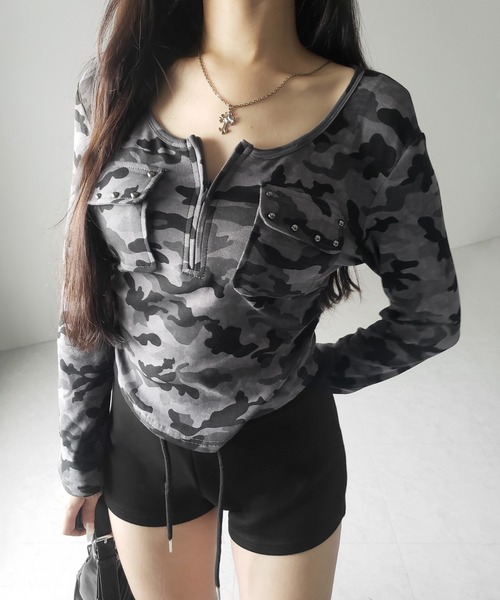 me+em select(ミームセレクト)の「【 2color 】ヴィンテージカモフラアウトポケットジップロンT / vintage camouflage out pocket zip longsleeve T-shirt(Tシャツ/カットソー・レディース・グレー/カーキ・FREE)」の6枚目の写真
