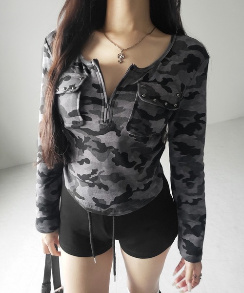 me+em select(ミームセレクト)の「【 2color 】ヴィンテージカモフラアウトポケットジップロンT / vintage camouflage out pocket zip longsleeve T-shirt(Tシャツ/カットソー・レディース・グレー/カーキ・FREE)」の8枚目の写真