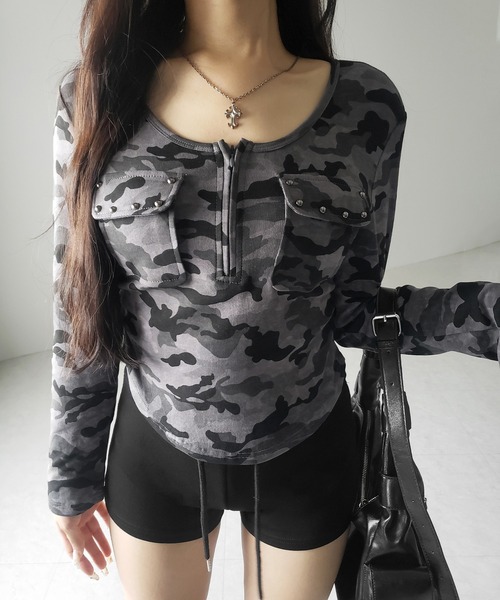 me+em select(ミームセレクト)の「【 2color 】ヴィンテージカモフラアウトポケットジップロンT / vintage camouflage out pocket zip longsleeve T-shirt(Tシャツ/カットソー・レディース・グレー/カーキ・FREE)」の10枚目の写真