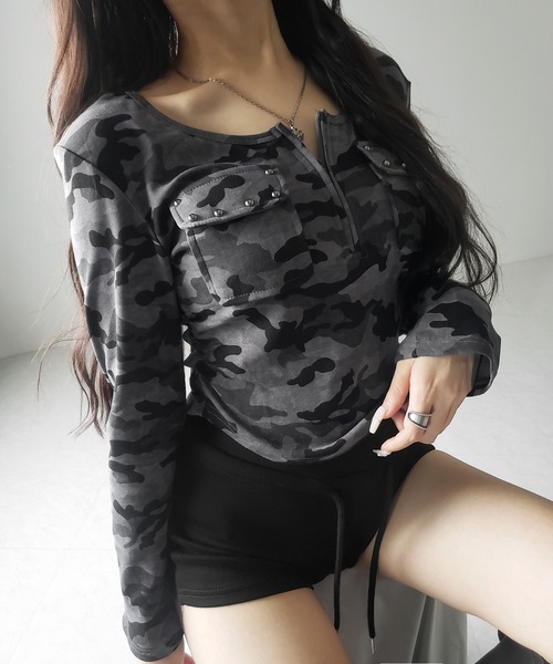 me+em select(ミームセレクト)の「【 2color 】ヴィンテージカモフラアウトポケットジップロンT / vintage camouflage out pocket zip longsleeve T-shirt(Tシャツ/カットソー・レディース・グレー/カーキ・FREE)」の14枚目の写真