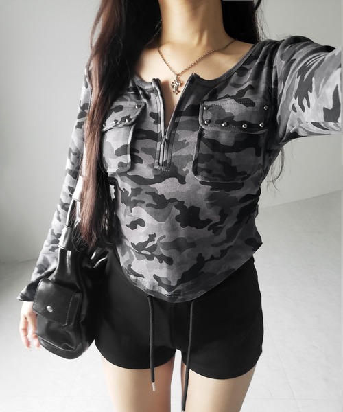 me+em select(ミームセレクト)の「【 2color 】ヴィンテージカモフラアウトポケットジップロンT / vintage camouflage out pocket zip longsleeve T-shirt(Tシャツ/カットソー・レディース・グレー/カーキ・FREE)」の16枚目の写真