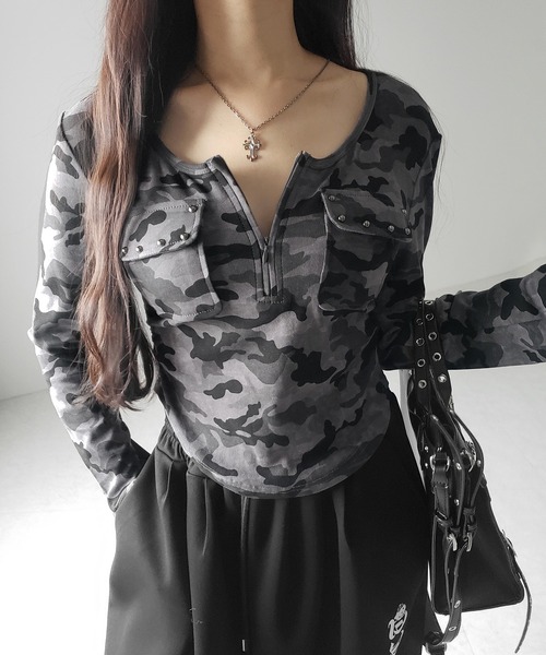 me+em select(ミームセレクト)の「【 2color 】ヴィンテージカモフラアウトポケットジップロンT / vintage camouflage out pocket zip longsleeve T-shirt(Tシャツ/カットソー・レディース・グレー/カーキ・FREE)」の17枚目の写真