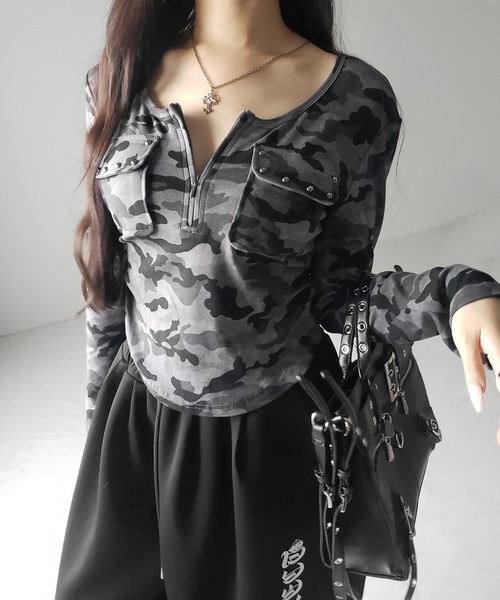 me+em select(ミームセレクト)の「【 2color 】ヴィンテージカモフラアウトポケットジップロンT / vintage camouflage out pocket zip longsleeve T-shirt(Tシャツ/カットソー・レディース・グレー/カーキ・FREE)」の18枚目の写真