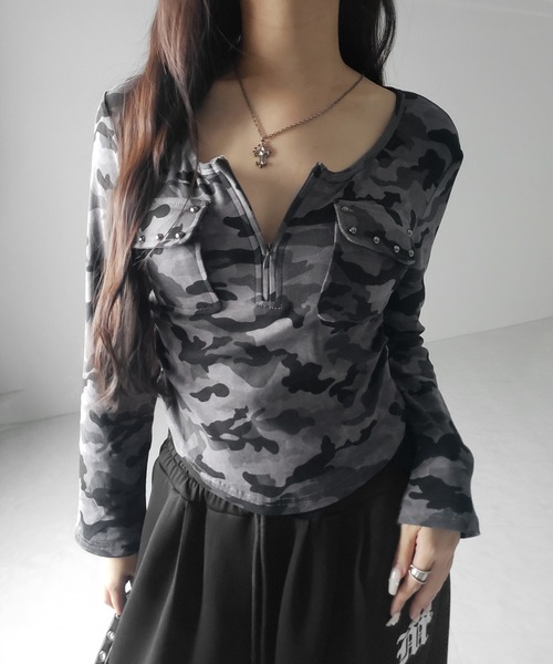 me+em select(ミームセレクト)の「【 2color 】ヴィンテージカモフラアウトポケットジップロンT / vintage camouflage out pocket zip longsleeve T-shirt(Tシャツ/カットソー・レディース・グレー/カーキ・FREE)」の19枚目の写真