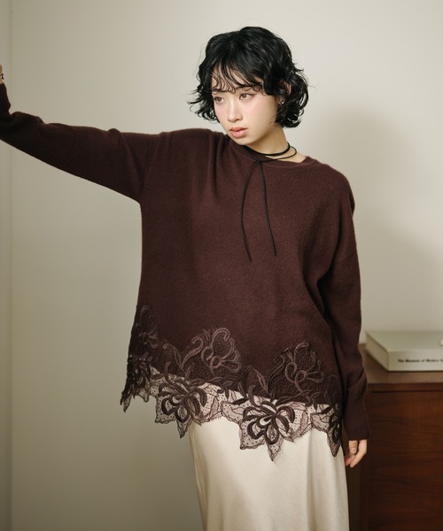 LAULEN(ローレン)の「botanical embroidery lace knit pullover /ボタニカル刺繍レースニットプルオーバー(ニット/セーター・レディース・ブラウン/ベージュ・FREE)」の3枚目の写真