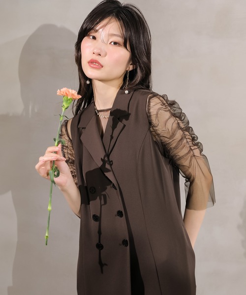 Kana(カナ)の「ロングジレ ワンピース チュール トップス スカート 3点セット ドレス パーティー 結婚式 お呼ばれ オケージョンドレス(ドレス・レディース・ブラウン/アイボリー/ブラック・M)」の4枚目の写真