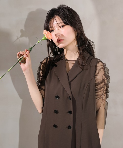 Kana(カナ)の「ロングジレ ワンピース チュール トップス スカート 3点セット ドレス パーティー 結婚式 お呼ばれ オケージョンドレス(ドレス・レディース・ブラウン/アイボリー/ブラック・M)」の5枚目の写真