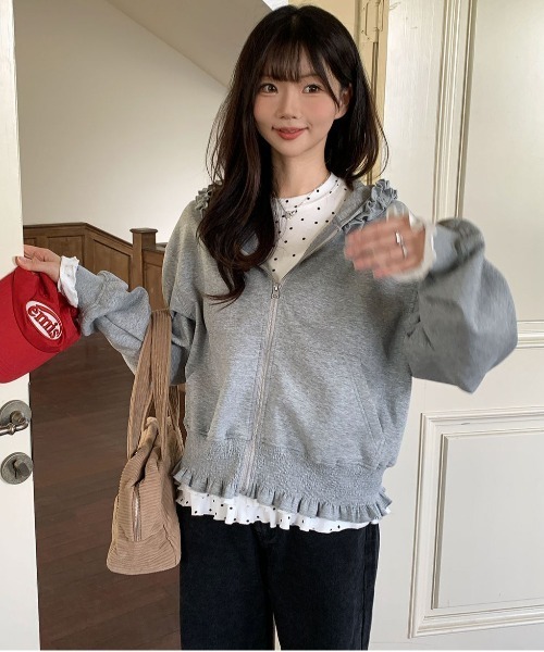 着回し力バツグン!ゆるっとラフな万能フリル付きジップアップパーカー 着回し力バツグン!ゆるっとラフな万能フリル付きジップアップパーカー