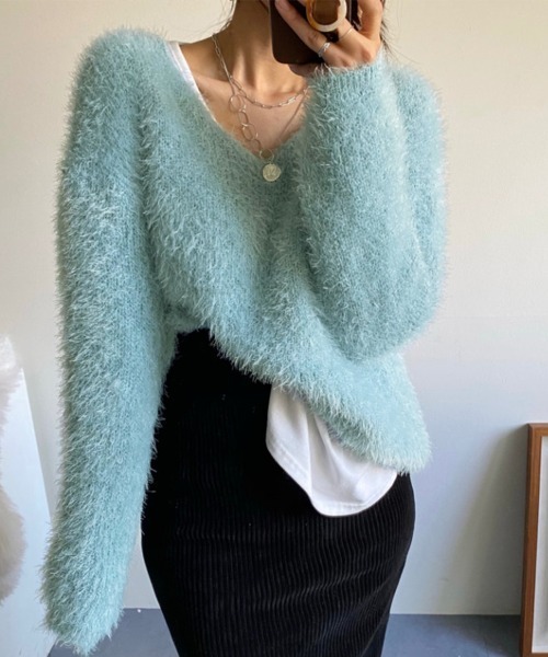 Jayro（ジャイロ）の「モヘアVネックニットトップス（ニット/セーター・レディース・ホワイト/ピンク/グレー/ブルー/ブラック・FREE）」の6枚目の写真