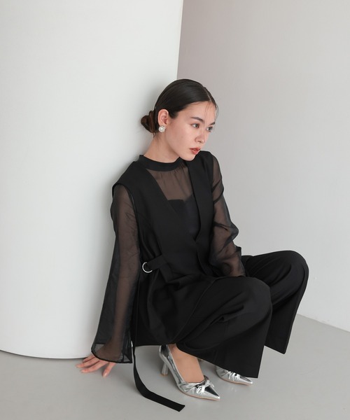 TOKYO OFFICA(トーキョーオフィカ)の「入学式 卒業式 結婚式 二次会対応 オールインワン パンツ セットアップ ジレ レイヤード シアースリーブ サイドベルト ウエストマーク きれいめ 体型カバー セレモニー フォーマル 入学式 卒業式 結婚式 二次会対応 ドレス スーツ(スーツセット・レディース・ブラウン/ベージュ/ブラック・M/L)」の2枚目の写真