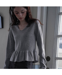 V-neck Flare Shirring Knit [Gray]