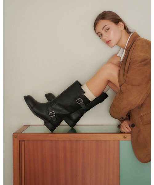 Stanford Round Cut Buckle Strap Half Boots - Black PU