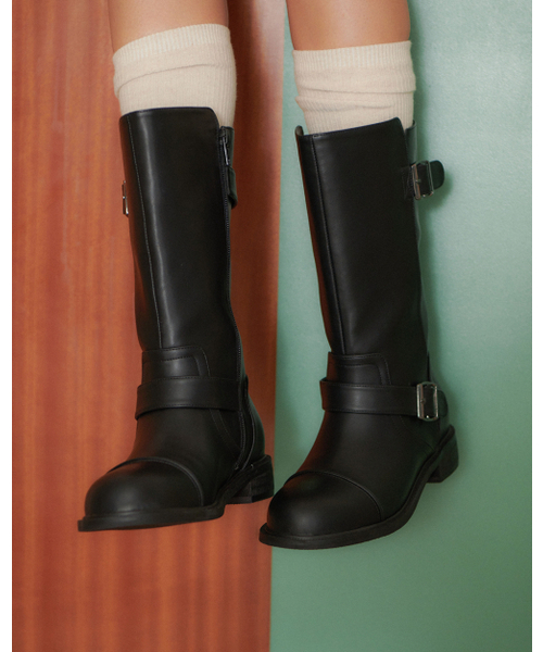 Stanford Round Cut Buckle Strap Half Boots - Black PU