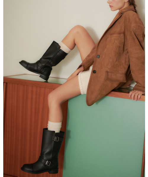 Stanford Round Cut Buckle Strap Half Boots - Black PU