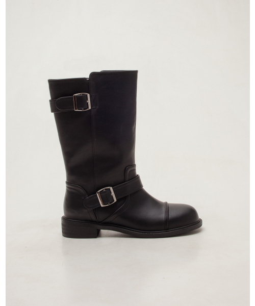 Stanford Round Cut Buckle Strap Half Boots - Black PU