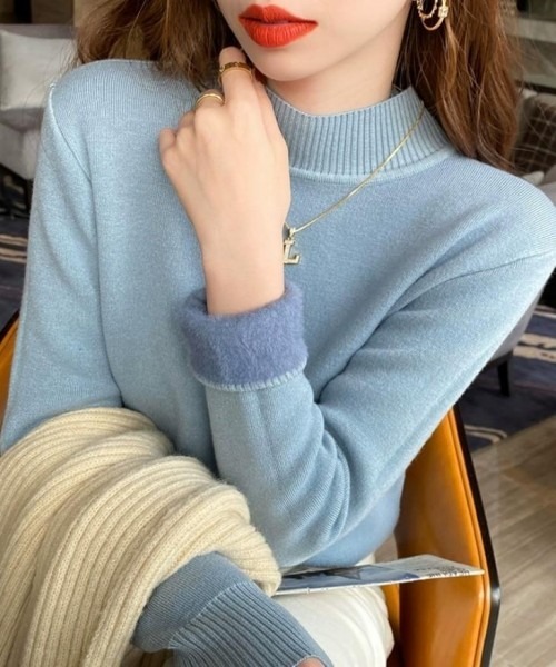 AMELY(エミリー)の「ハーフネックニットトップス(ニット/セーター・レディース・ピンク/ブラウン/グリーン/グレー/ブルー/キャメル/カーキ/アイボリー/グレイッシュベージュ/ブラック・L/M/フリー)」の8枚目の写真